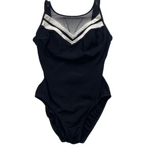 Longitude Swimsuit 12 Black White Mesh Sheer One Piece VTG Classic Luxury Resort